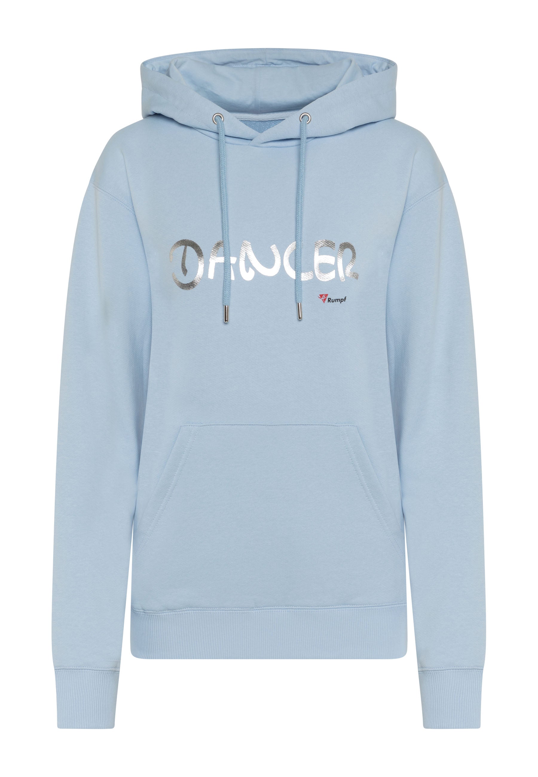 Der Rumpf R4012 Dancer Hoodie in Hellblau hat „DANGER“ in Silber und sorgt für Streetdance-Flair.